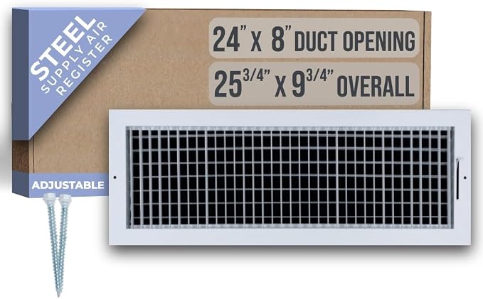 Fits 24x8 Duct Opening Steel Adjustable Air Supply Grille by | Register Vent Cover Grill for Sidewall and Ceiling | White |
