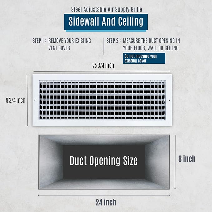 Fits 24x8 Duct Opening Steel Adjustable Air Supply Grille by | Register Vent Cover Grill for Sidewall and Ceiling | White |