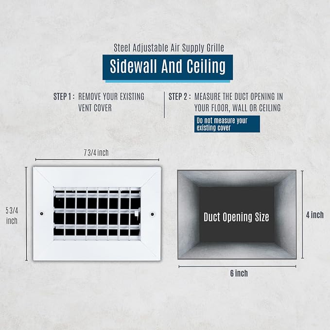 Fits 6x4 Duct Opening Steel Adjustable Air Supply Grille by | Register Vent Cover Grill for Sidewall and Ceiling | White |