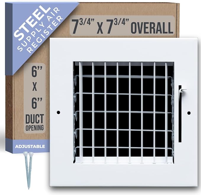 Fits 6x6 Duct Opening Steel Adjustable Air Supply Grille by | Register Vent Cover Grill for Sidewall and Ceiling | White |