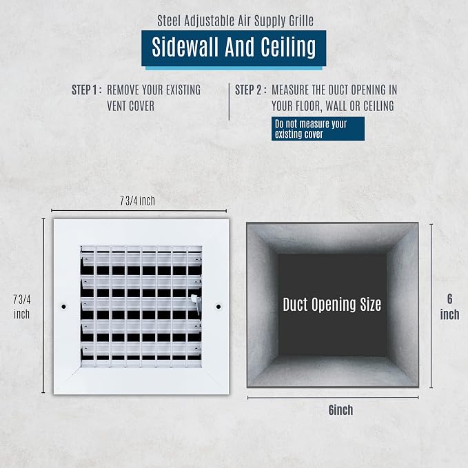 Fits 6x6 Duct Opening Steel Adjustable Air Supply Grille by | Register Vent Cover Grill for Sidewall and Ceiling | White |