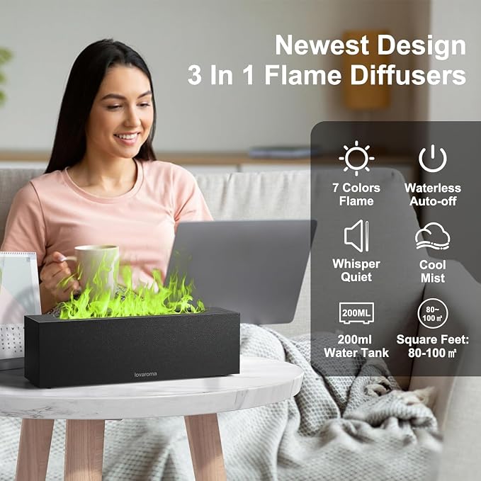 Flame Diffuser for Essential Oils - 200ml Ultrasonic Aroma Diffusers with 7 Color Flame Light Aromatherapy Diffuser & Cool