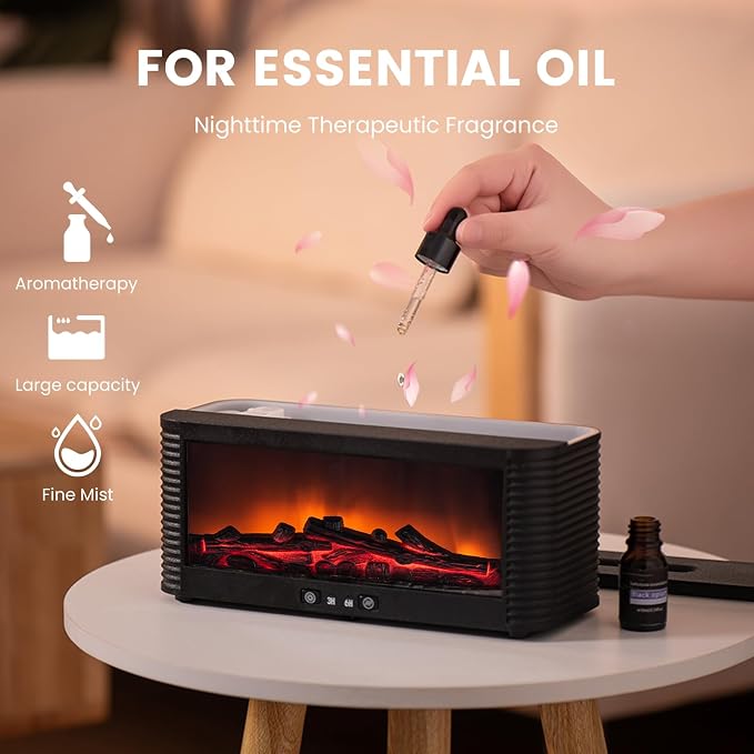 Flame Fireplace Aroma Essential Oil Diffuser, 250ml Ultrasonic Aromatherapy Humidifier with 9 Color LED Lights & Timer