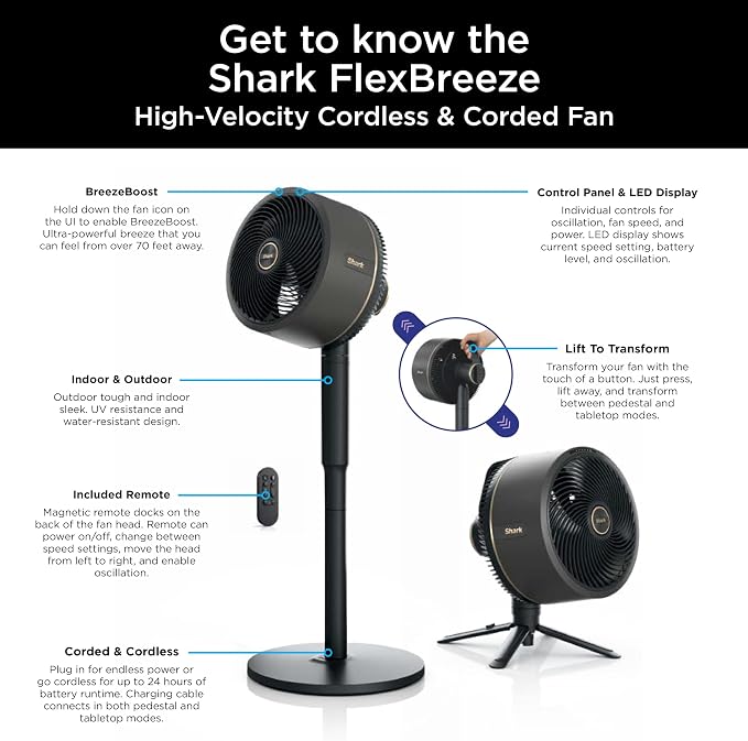 FlexBreeze Fan - Indoor & outdoor oscillating fan, pedestal & tabletop, corded & cordless portable fan with outdoor InstaCool