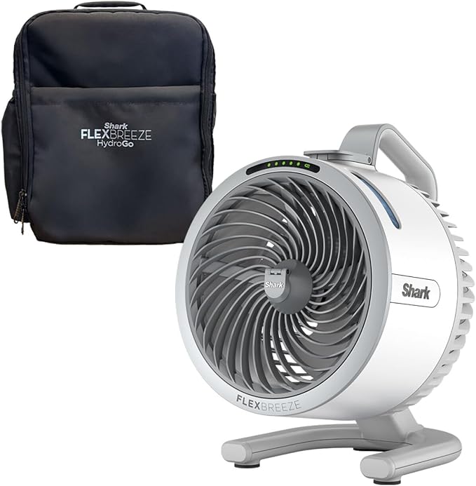 FlexBreeze HydroGo Fan & Travel Bag — Ultra-powerful portable fan with indoor + outdoor evaporative mist. Corded & cordless
