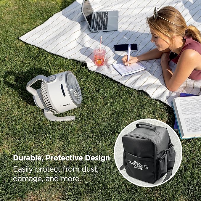 FlexBreeze HydroGo Fan & Travel Bag — Ultra-powerful portable fan with indoor + outdoor evaporative mist. Corded & cordless