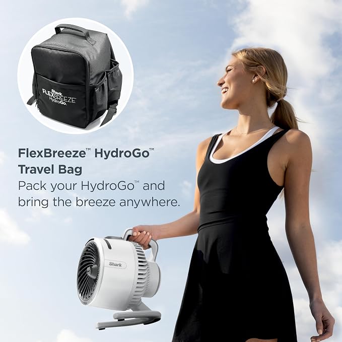 FlexBreeze HydroGo Fan & Travel Bag — Ultra-powerful portable fan with indoor + outdoor evaporative mist. Corded & cordless