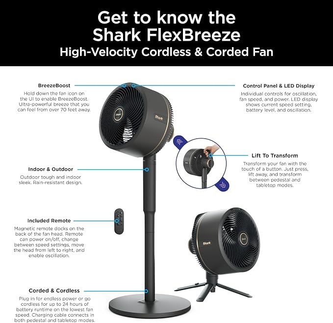 FlexBreeze Pedestal & Tabletop, Indoor & Outdoor, Portable, Oscillating Fan with Remote, Quiet, Powerful, Corded & Cordless