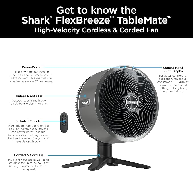FlexBreeze TableMate Portable Tabletop Fan, Outdoor, Indoor, Corded & Cordless Tabletop Fan, Quiet, Powerful, 70ft Range, Up