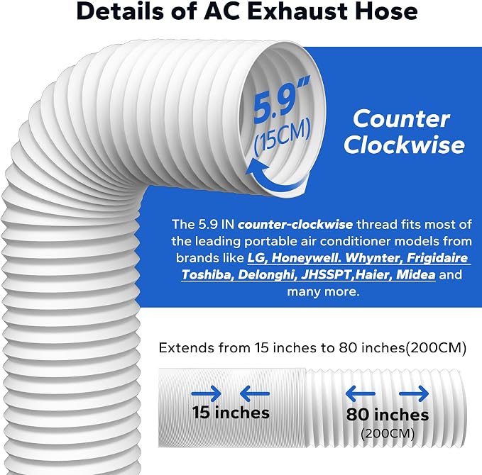 Flexible AC Hose 2 Pack: 5.9" Diameter Counterclockwise AC Hose, Length to 80", Portable Air Conditioner Vent Hose Compatible