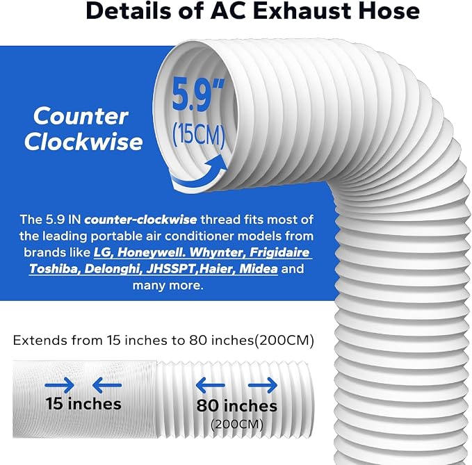 Flexible Portable Air Conditioner Hose Kit, 5.9'' Diameter Counterclockwise AC Exhaust Hose Length to 80" with Adapter
