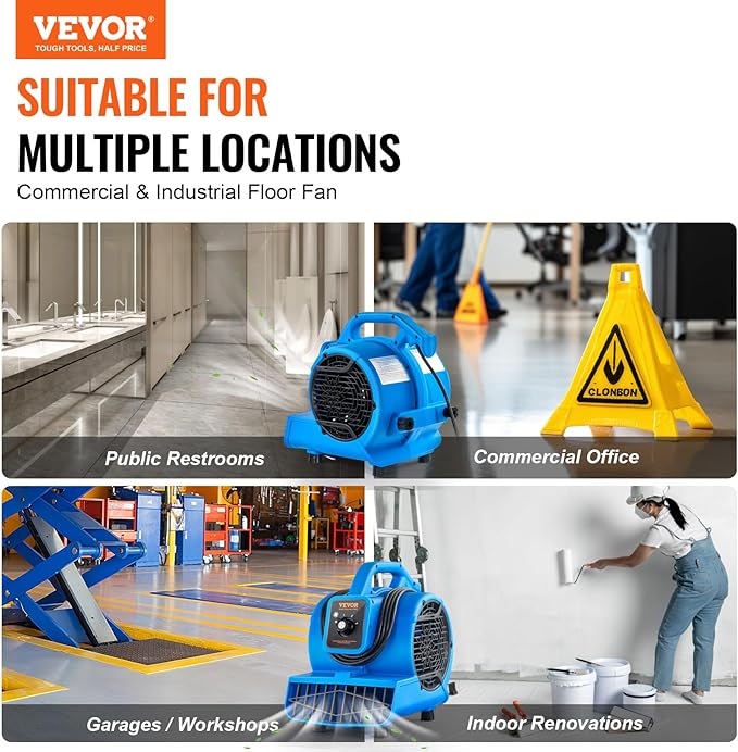 Floor Blower, 1360 RPM 600 CFM, Air Mover for Drying and Cooling, Portable Carpet Dryer Fan with 4 Blowing Angles,3-Speeds