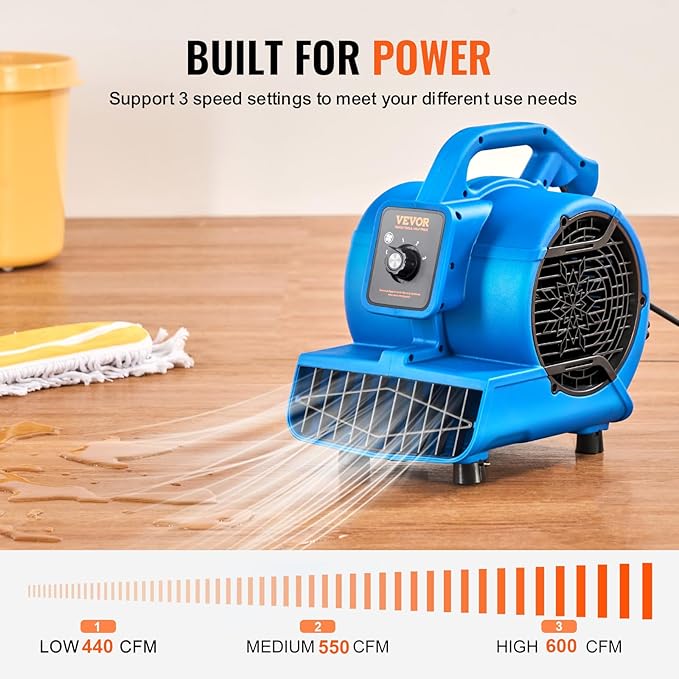 Floor Blower, 1360 RPM 600 CFM, Air Mover for Drying and Cooling, Portable Carpet Dryer Fan with 4 Blowing Angles,3-Speeds