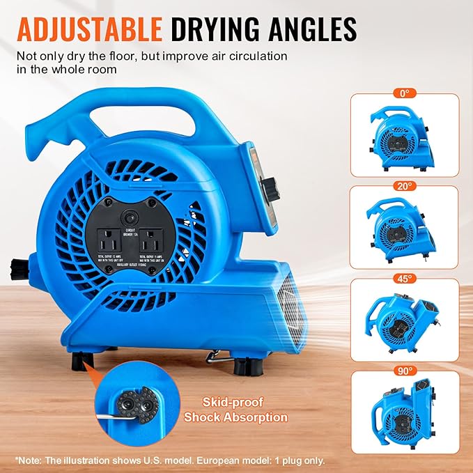 Floor Blower, 1360 RPM 600 CFM, Air Mover for Drying and Cooling, Portable Carpet Dryer Fan with 4 Blowing Angles,3-Speeds