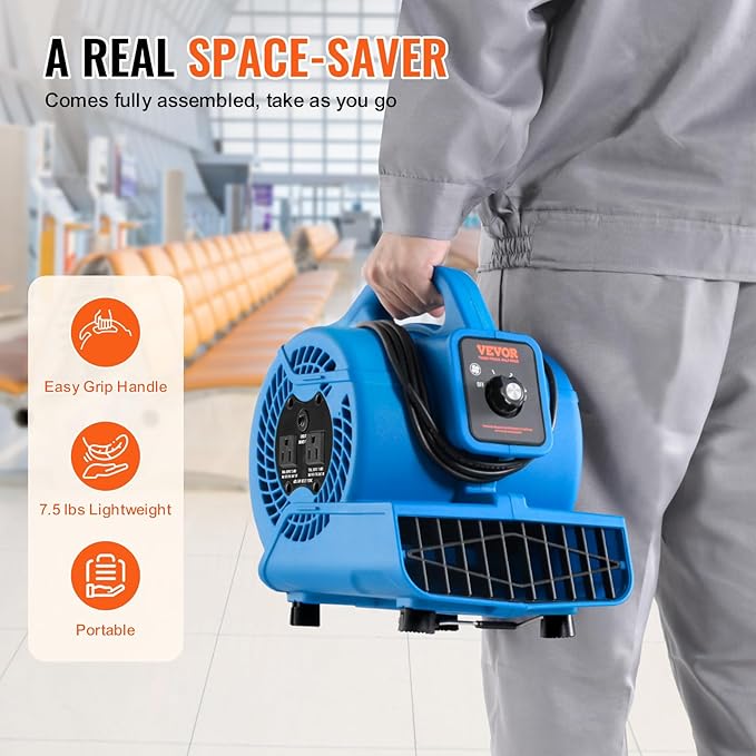 Floor Blower, 1360 RPM 600 CFM, Air Mover for Drying and Cooling, Portable Carpet Dryer Fan with 4 Blowing Angles,3-Speeds