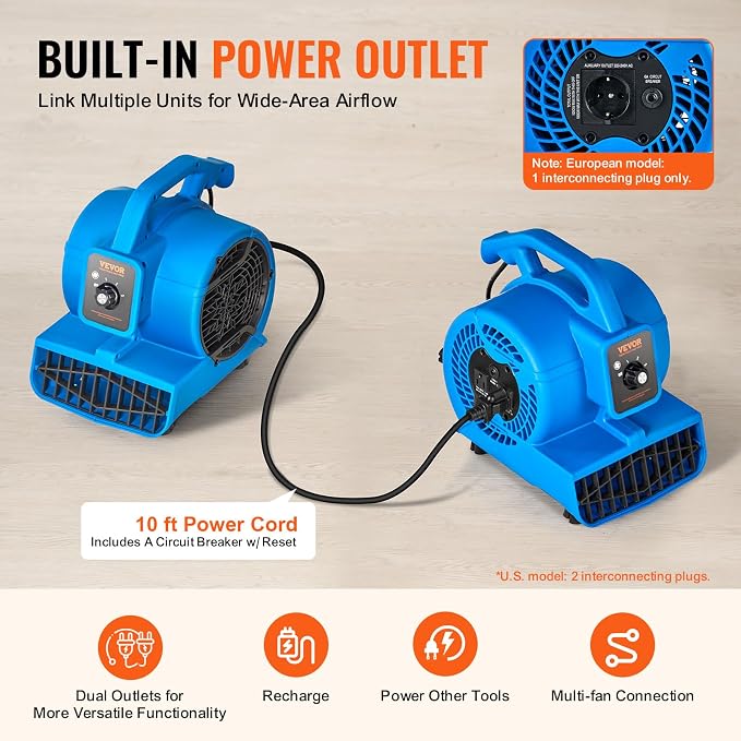 Floor Blower, 1360 RPM 600 CFM, Air Mover for Drying and Cooling, Portable Carpet Dryer Fan with 4 Blowing Angles,3-Speeds
