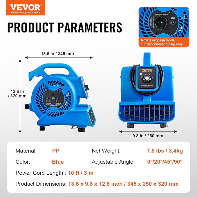 Floor Blower, 1360 RPM 600 CFM, Air Mover for Drying and Cooling, Portable Carpet Dryer Fan with 4 Blowing Angles,3-Speeds