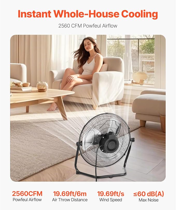 Floor Fan, 3 Speeds High Velocity Heavy Duty 14 Inch Industrial Fan, 2560 CFM 360° Adjustable Tilt 19.69 ft/sec Airflow Large