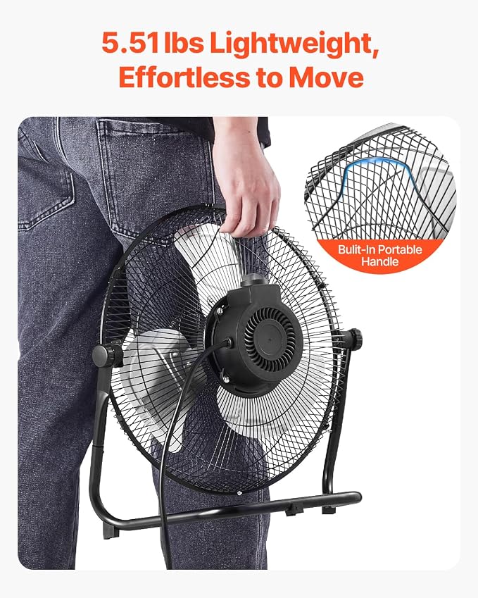 Floor Fan, 3 Speeds High Velocity Heavy Duty 14 Inch Industrial Fan, 2560 CFM 360° Adjustable Tilt 19.69 ft/sec Airflow Large