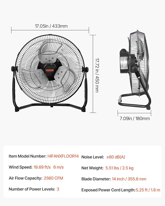 Floor Fan, 3 Speeds High Velocity Heavy Duty 14 Inch Industrial Fan, 2560 CFM 360° Adjustable Tilt 19.69 ft/sec Airflow Large