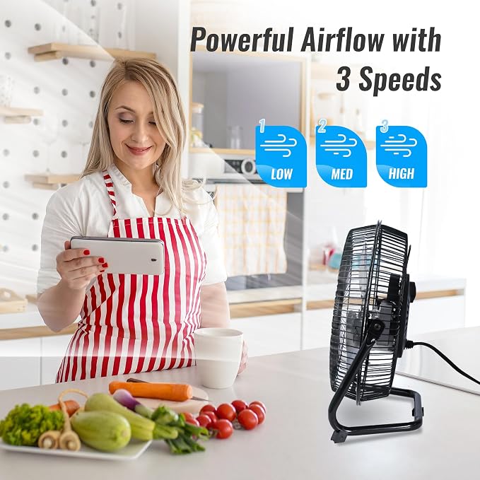 Floor Fan 9 Inch, 3-Speed Portable Metal Fan with Adjustable Tilt, Quiet Small Cradle Floor Fan for Home, Office, Bedroom