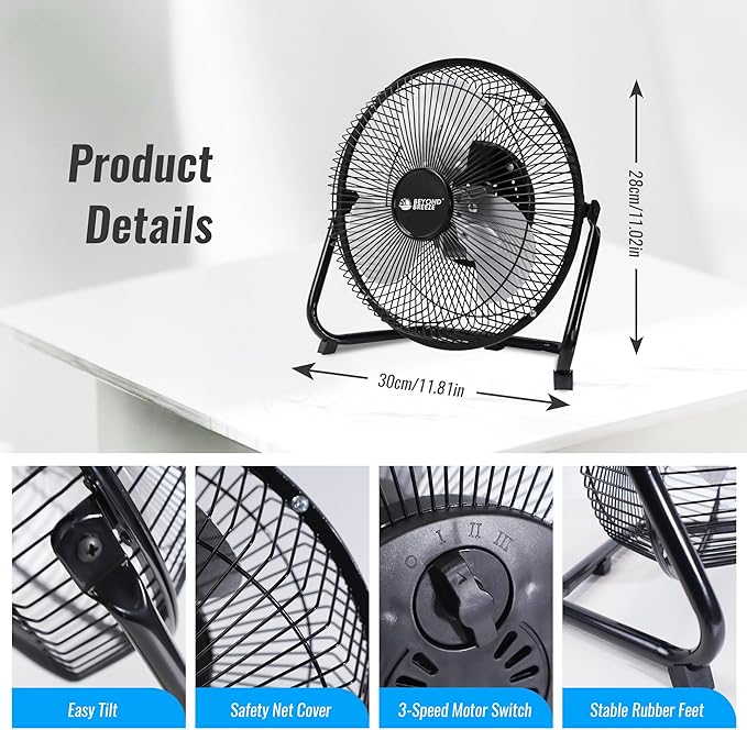 Floor Fan 9 Inch, 3-Speed Portable Metal Fan with Adjustable Tilt, Quiet Small Cradle Floor Fan for Home, Office, Bedroom