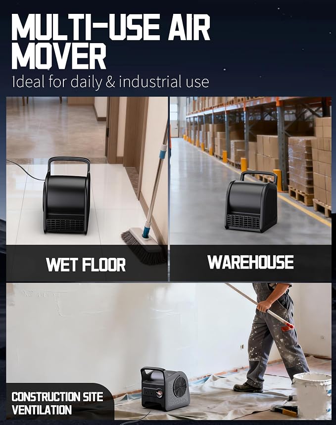 Floor Fan Industrial Blower Fan, 580W Air Mover with 3-Speed Control, 185° Adjustment, 22M/S Max Wind Speed, 10A 120V Outlet