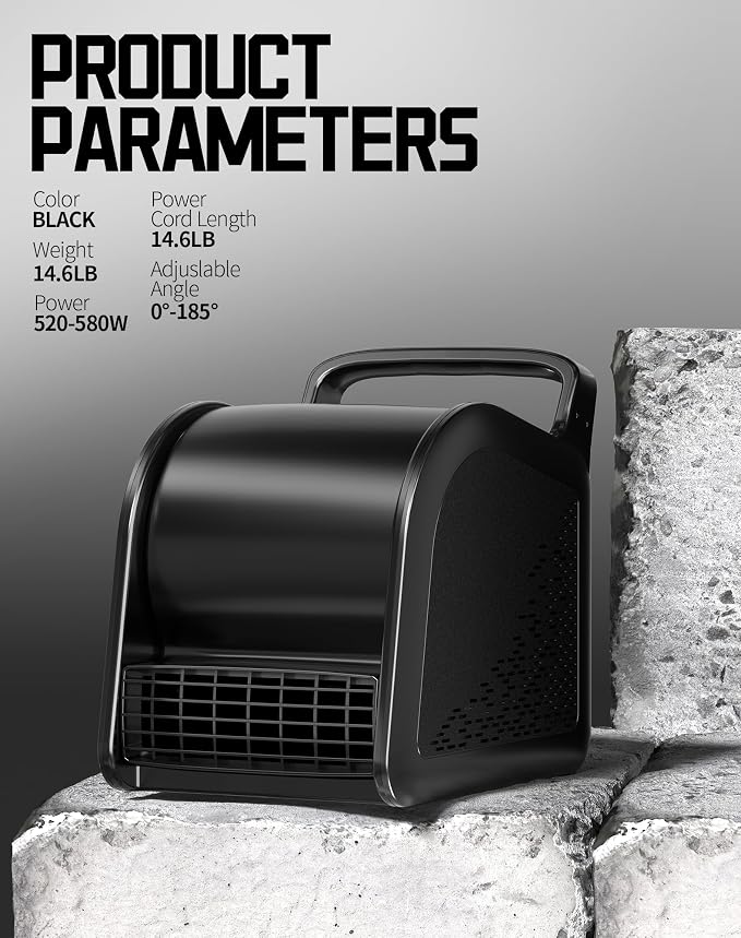 Floor Fan Industrial Blower Fan, 580W Air Mover with 3-Speed Control, 185° Adjustment, 22M/S Max Wind Speed, 10A 120V Outlet