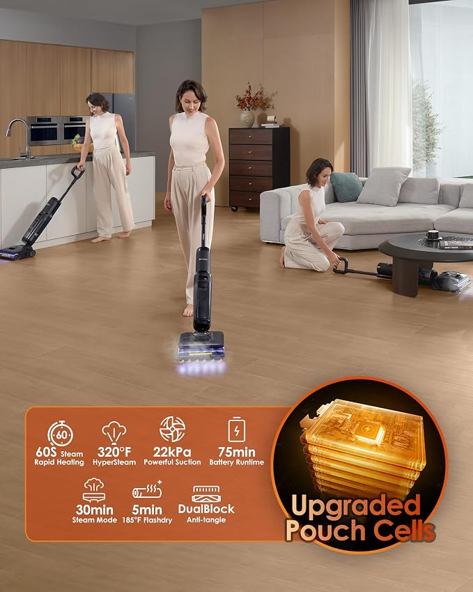 Floor One S7 Stretch Steam Cordless Wet Dry Vacuum Steam Mop All-in-One, 320°F HyperSteam, 180° Lay-Flat, Anti-Tangle Design