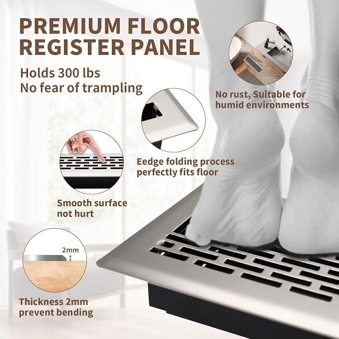 Floor Register 2x10 Inches - Heavy Duty Walkable Steel Floor Vents - Ease Adjust Air Flow Direction Floor Registers - Satin