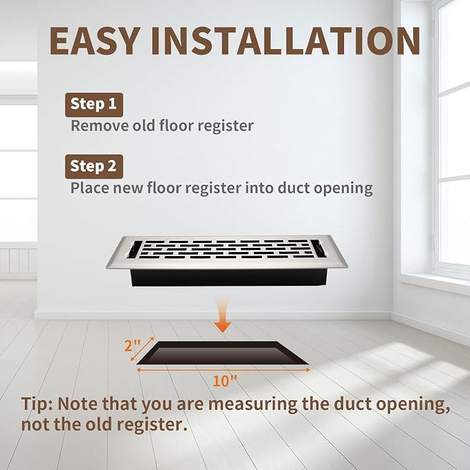 Floor Register 2x10 Inches - Heavy Duty Walkable Steel Floor Vents - Ease Adjust Air Flow Direction Floor Registers - Satin