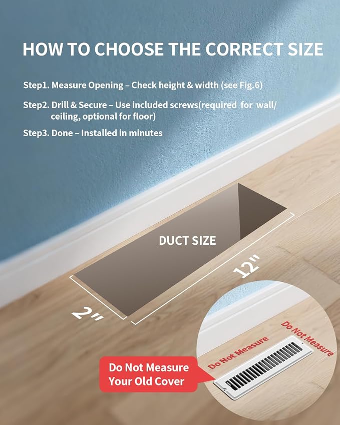 Floor Register 2x12, 1 Pack Floor Vents with 2 Pack Screws for Quick-Fit, White Vent Covers for Home Floor & Wall, Heavy Duty