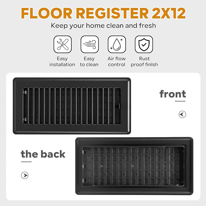 Floor Register 2x12, Floor Vent Covers 2 Pack, Steel Adjustable Air Supply Grille Register Vent Cover Grill for Sidewall and