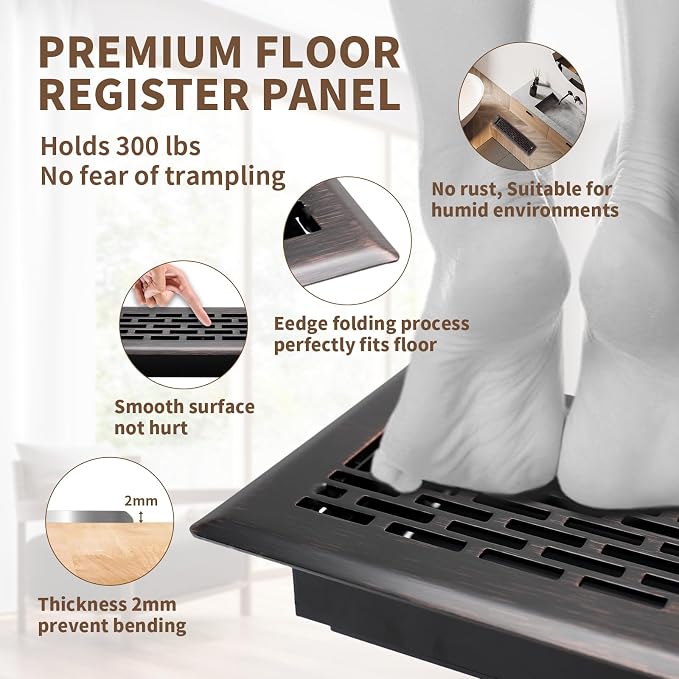 Floor Register 2x12 Inches - Heavy Duty Walkable Steel Floor Vents Ease Adjust Air Flow Direction Floor Registers - Boston