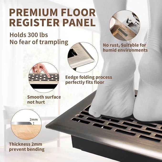 Floor Register 2x12 Inches - Heavy Duty Walkable Steel Floor Vents Ease Adjust Air Flow Direction Floor Registers - Boston