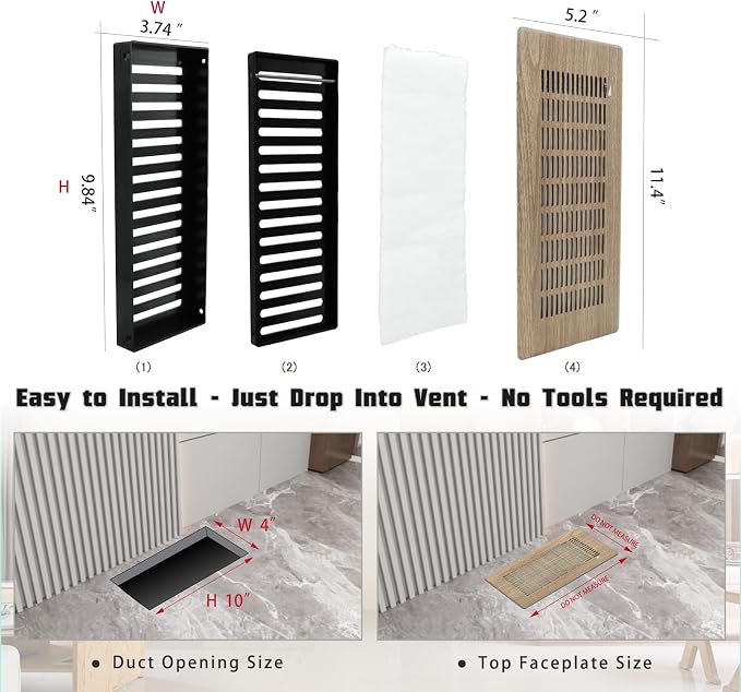 Floor Register 4" x 10" (Duct Opening Size) Easy Adjust Air Vent Cover, Floor Vent Covers Register Grille, Heavy, alternate
