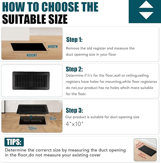 Floor Register, 4" x 10" Floor Vents, Steel Adjustable Air Supply Grille Register Vent Cover Grill for Sidewall and