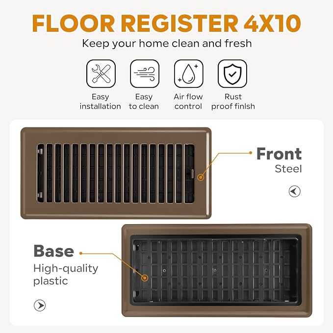 Floor Register 4x10, Floor Vent Covers Brown, 2 Pack Heavy Duty Steel Walkable Floor Grates, for Sidewall and Floor