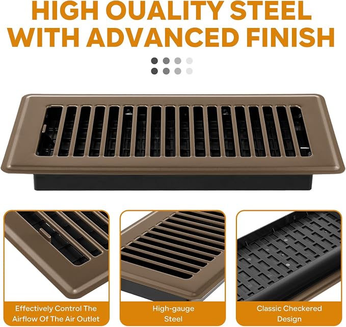 Floor Register 4x10, Floor Vent Covers Brown, 2 Pack Heavy Duty Steel Walkable Floor Grates, for Sidewall and Floor