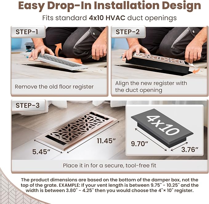 Floor Register 4x10 Vent Cover – 2 Pack – Heavy-Duty Steel, Rustproof & Walkable Grates, Drop-in Install, Adjustable Air