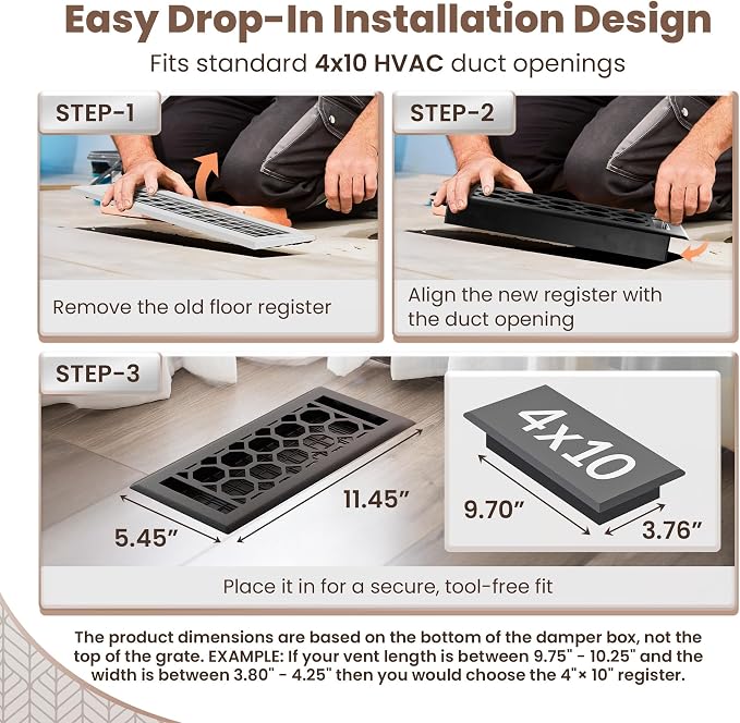 Floor Register 4x10 Vent Cover – 2 Pack – Heavy-Duty Steel, Rustproof & Walkable Grates, Drop-in Install, Adjustable Air