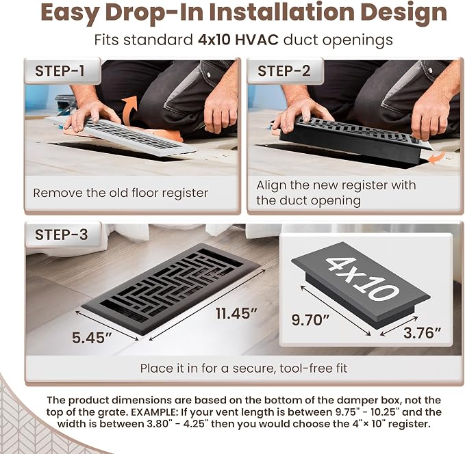 Floor Register 4x10 Vent Cover – 2 Pack – Heavy-Duty Steel, Rustproof & Walkable Grates, Drop-in Install, Adjustable Air