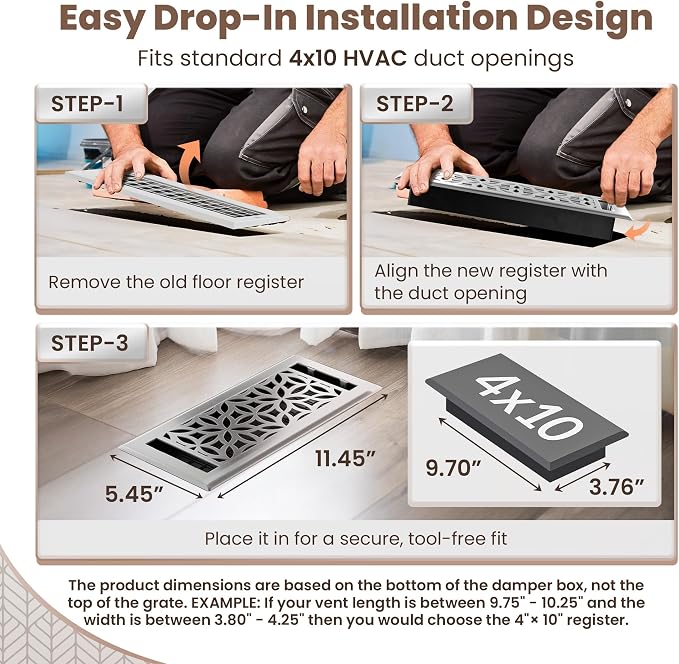 Floor Register 4x10 Vent Cover – Heavy-Duty Steel, Rustproof & Walkable Grates, Easy Drop-in Install, Adjustable Air Supply