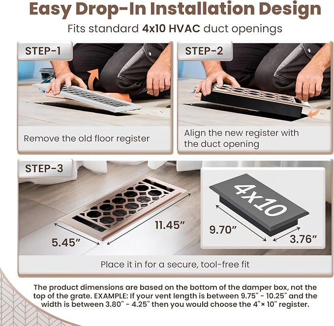 Floor Register 4x10 Vent Cover – Heavy-Duty Steel, Rustproof & Walkable Grates, Easy Drop-in Install, Adjustable Air Supply