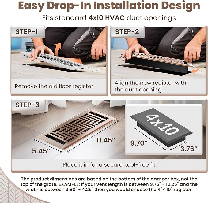 Floor Register 4x10 Vent Cover – Heavy-Duty Steel, Rustproof & Walkable Grates, Easy Drop-in Install, Adjustable, alternate