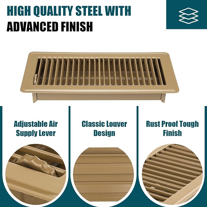 Floor Register 4x12, 6 Pack Floor Vent Covers, Steel Adjustable Air Supply Grille Register Vent Cover Grill for Sidewall and