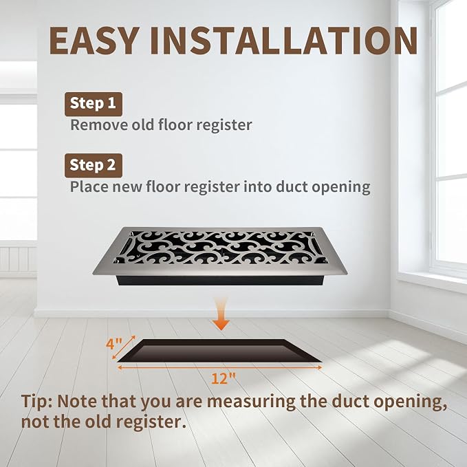 Floor Register 4x12 Inches Heavy Duty Walkable Steel Floor Registers Adjustable Airflow Floor Vent Covers - Satin Nickel