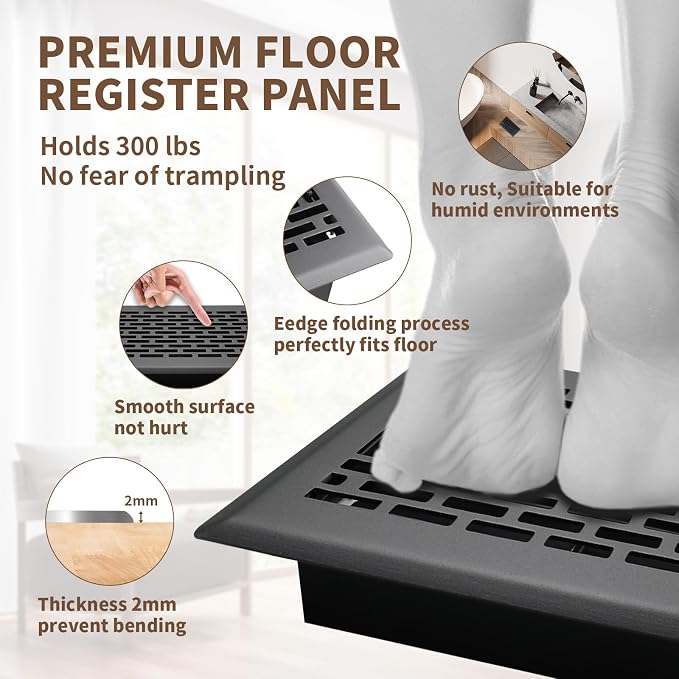 Floor Register 4x8 Inches - Heavy Duty Walkable Steel Floor Vents Ease Adjust Air Flow Direction Floor Registers - Boston