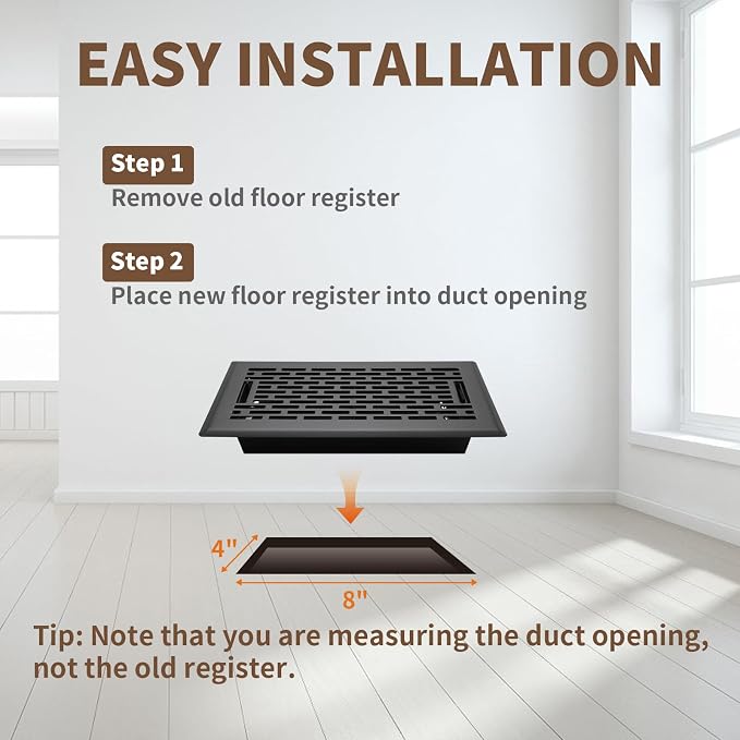 Floor Register 4x8 Inches - Heavy Duty Walkable Steel Floor Vents Ease Adjust Air Flow Direction Floor Registers - Boston