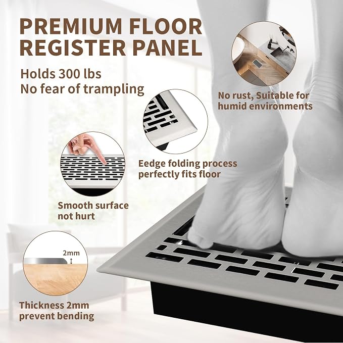Floor Register 4x8 Inches - Heavy Duty Walkable Steel Floor Vents - Ease Adjust Air Flow Direction Floor Registers - Satin